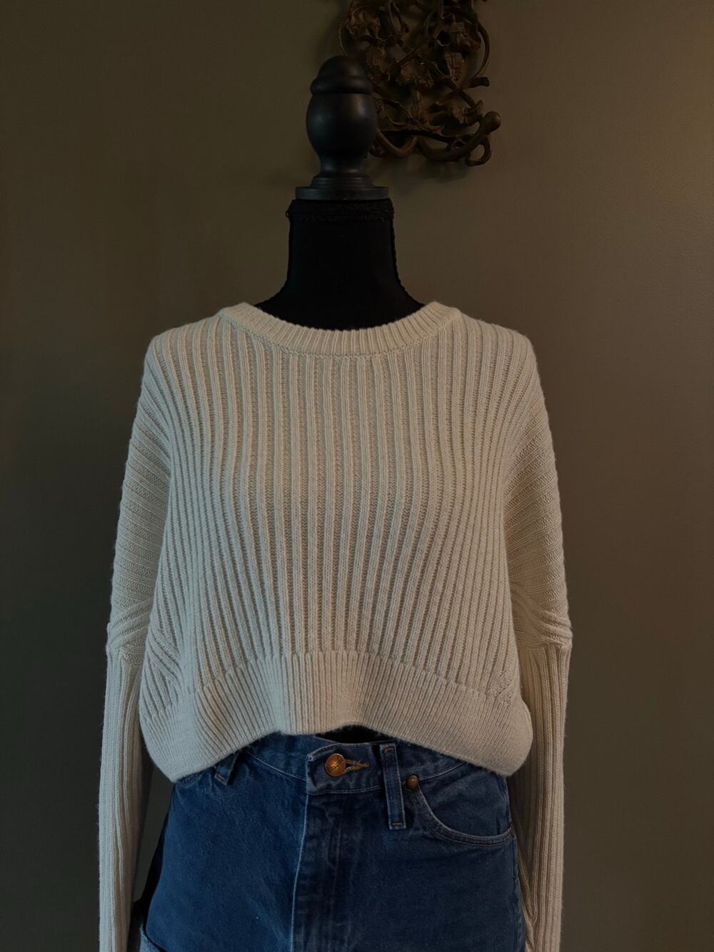 Urban Outfitters Cream Wide Ribbed Knit Cropped Sweater